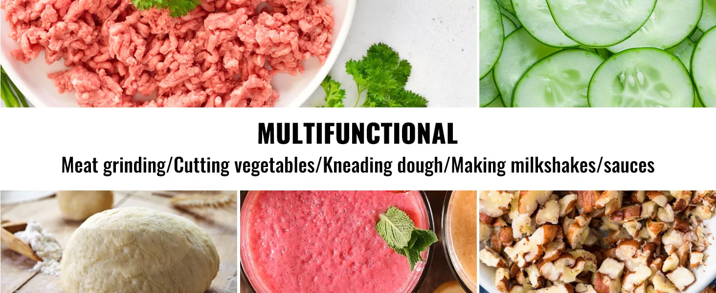 VEVOR food processor: multifunctional for meat grinding, vegetable cutting, dough kneading, and making milkshakes.