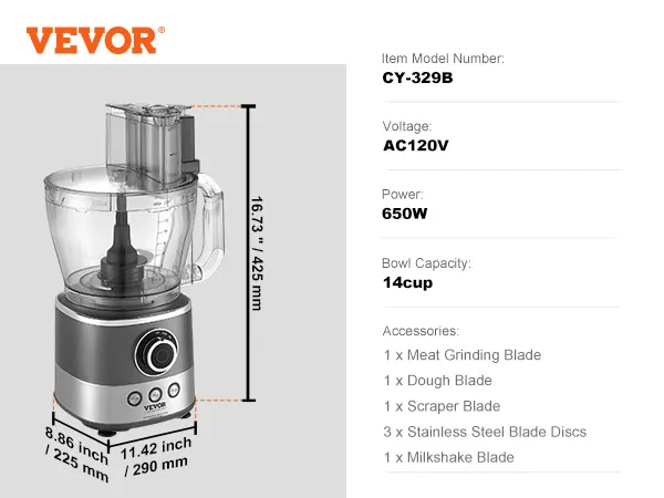 VEVOR food processor, cy-329b, 14-cup, 650w, includes various blades and accessories, as bowl material.