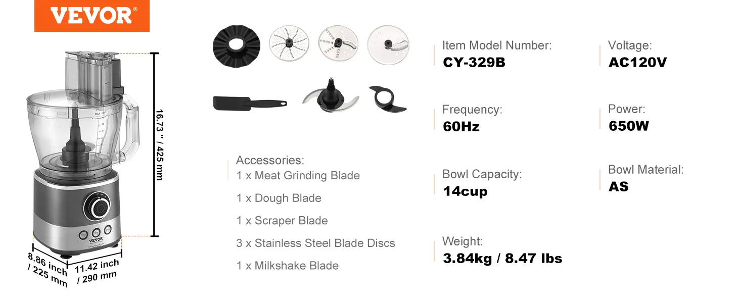 VEVOR food processor, cy-329b, 14-cup, 650w, includes various blades and accessories, as bowl material.