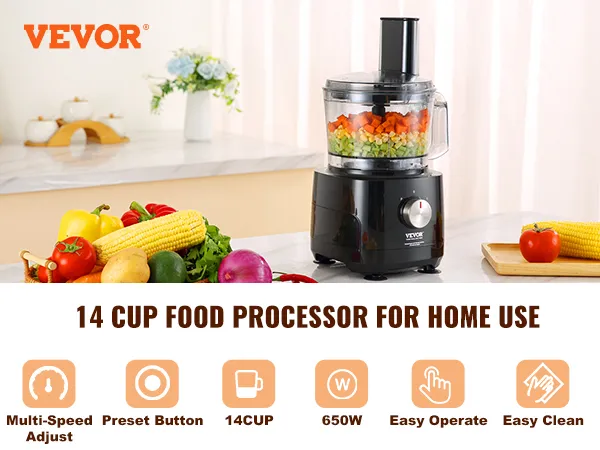 VEVOR food processor on a kitchen countertop with chopped vegetables, showcasing multi-speed adjust