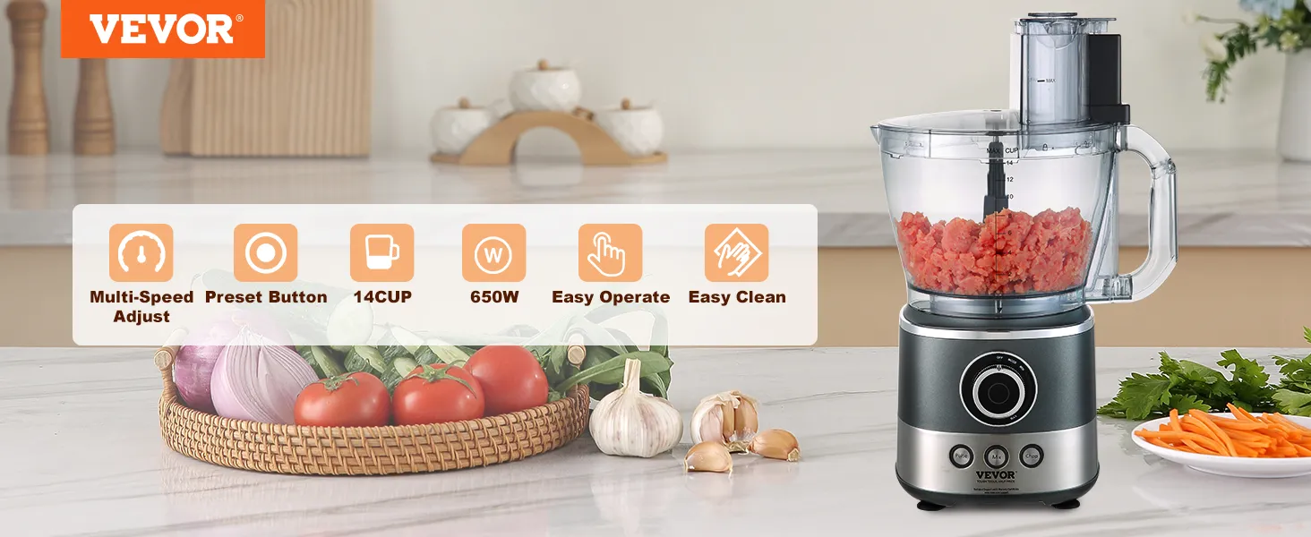 VEVOR food processor on a kitchen countertop with chopped vegetables, showcasing multi-speed adjust
