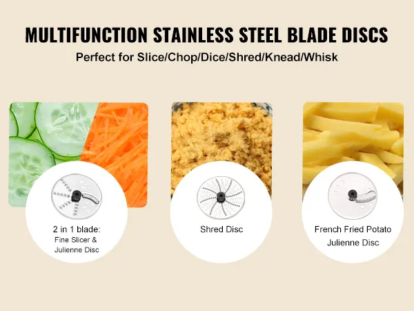 VEVOR food processor with multifunction stainless steel blade discs for slicing, chopping, and shredding.