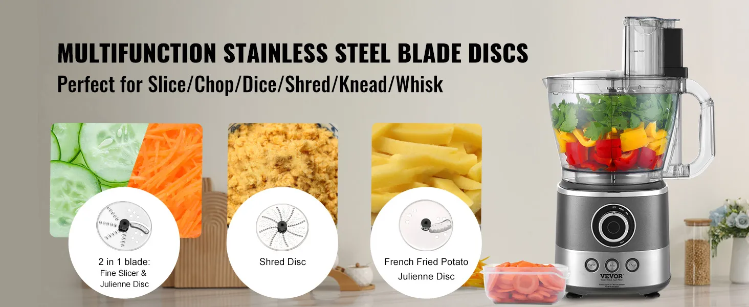 VEVOR food processor with multifunction stainless steel blade discs for slicing, chopping, and shredding.