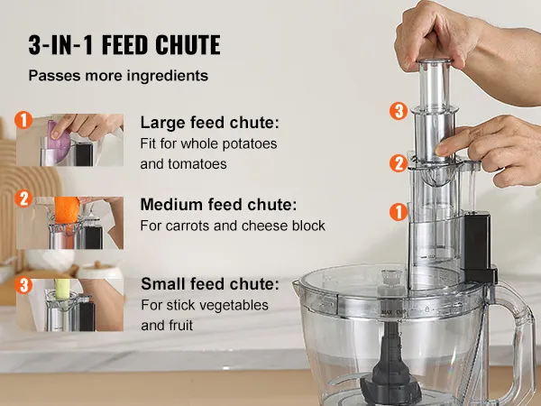 person using VEVOR food processor, demonstrating 3-in-1 feed chute for various food sizes.