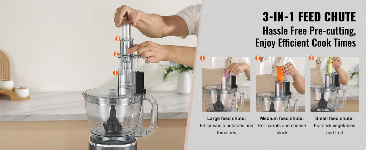 person using VEVOR food processor, demonstrating 3-in-1 feed chute for various food sizes.
