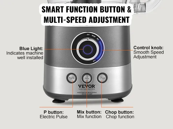 VEVOR food processor with smart function buttons and multi-speed adjustment, featuring pulse, mix & chop.