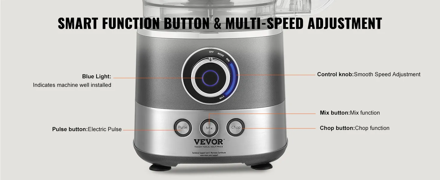 VEVOR food processor with smart function buttons and multi-speed adjustment, featuring pulse, mix & chop.