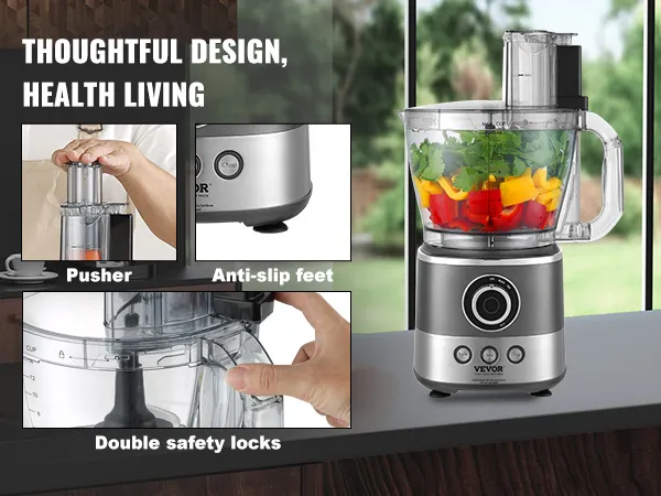 VEVOR food processor with safety locks, pusher, anti-slip feet; vegetables in processor bowl.