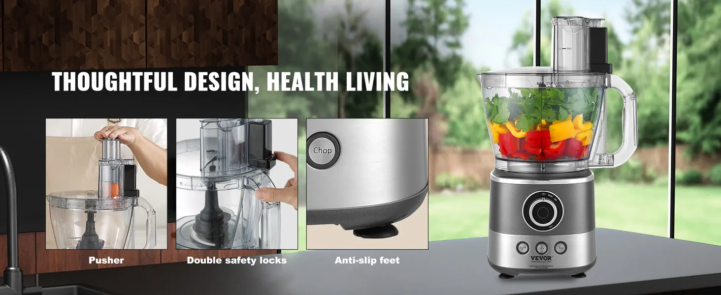 VEVOR food processor with safety locks, pusher, anti-slip feet; vegetables in processor bowl.