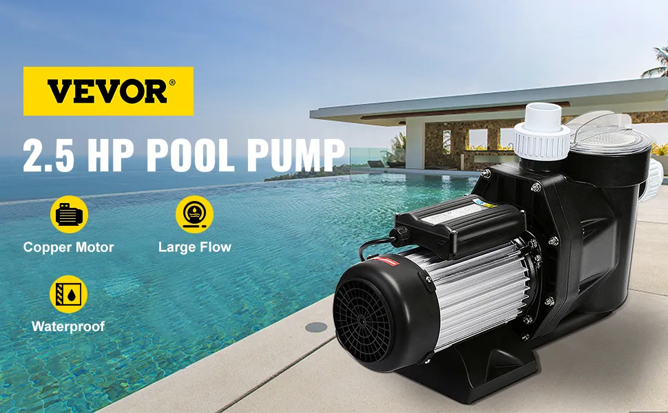 VEVOR pool pump beside a luxurious pool with copper motor, large flow, waterproof features.
