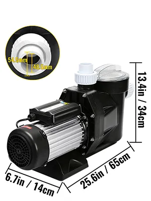 VEVOR pool pump with dimensions: 65cm x 14cm x 34cm and pipe fitting detail.