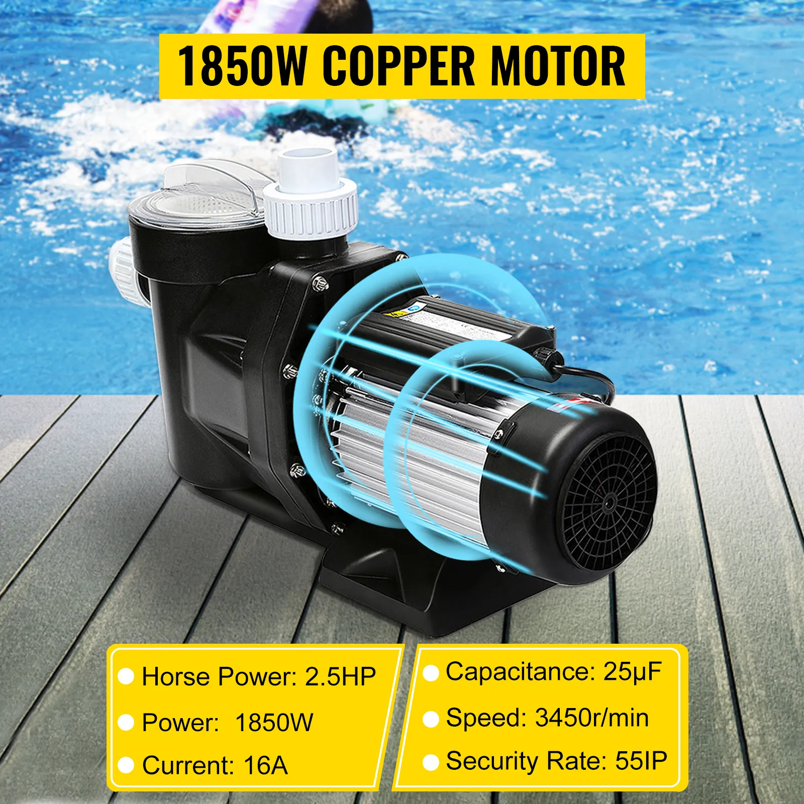 VEVOR pool pump with 1850w copper motor near an in-ground pool.