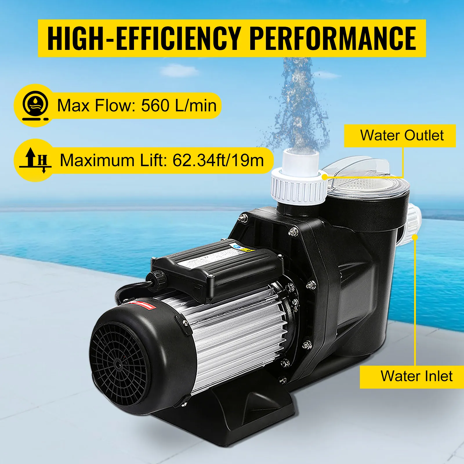 VEVOR pool pump by a pool with specs: max flow 560 l/min, max lift 62.34 ft/19m.