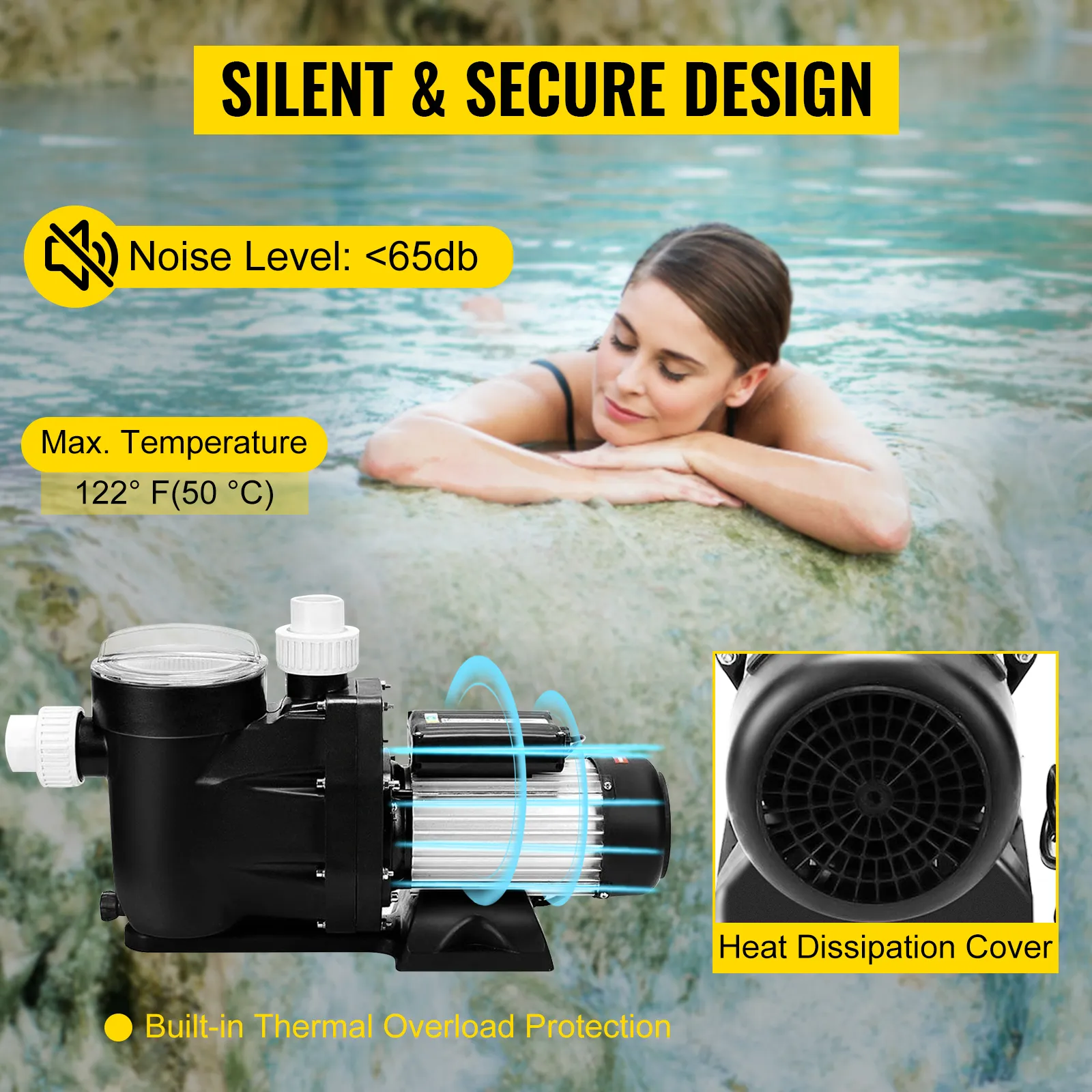 VEVOR pool pump with silent design, max temperature 122°f, heat dissipation cover.