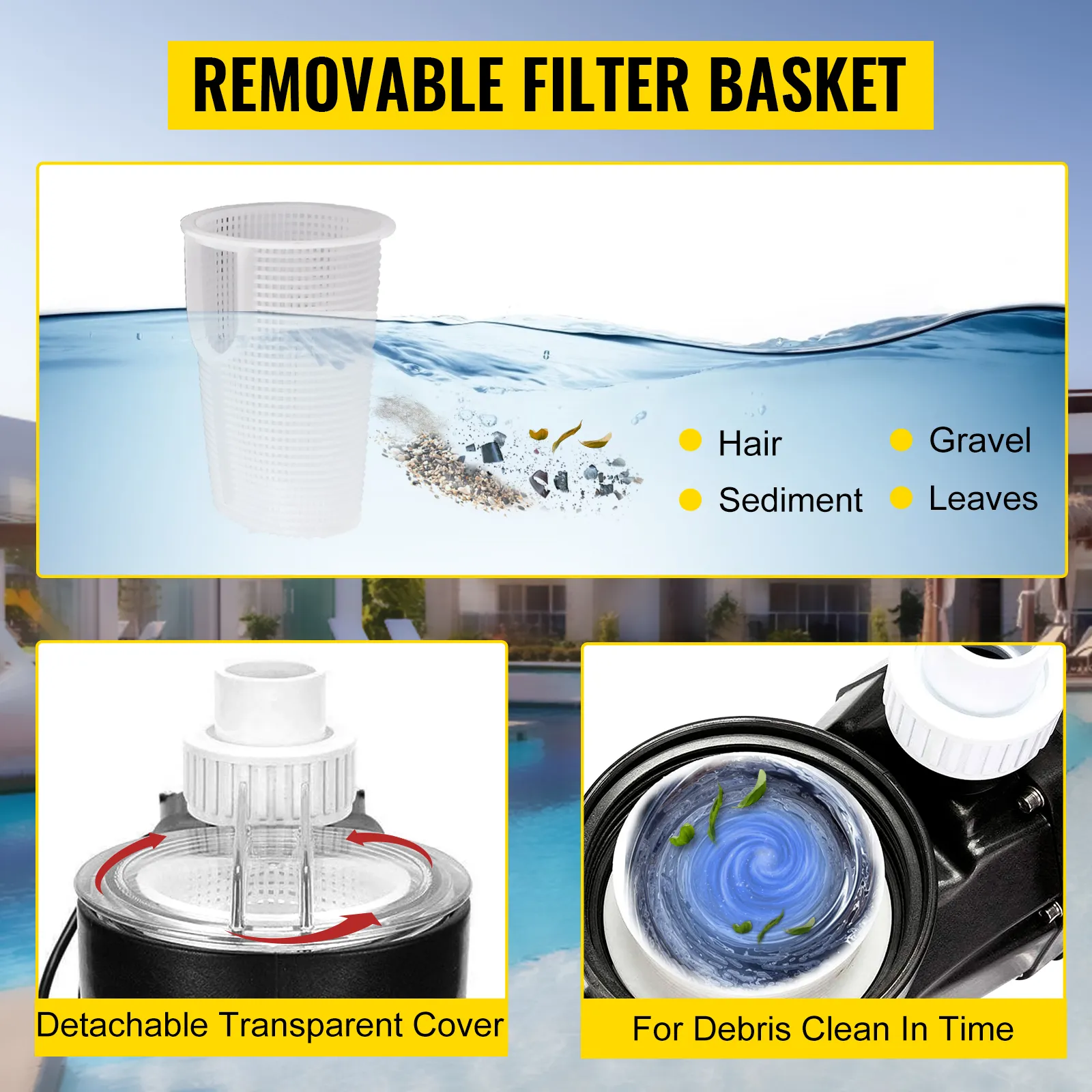 VEVOR pool pump removable filter basket with debris and detachable transparent cover.