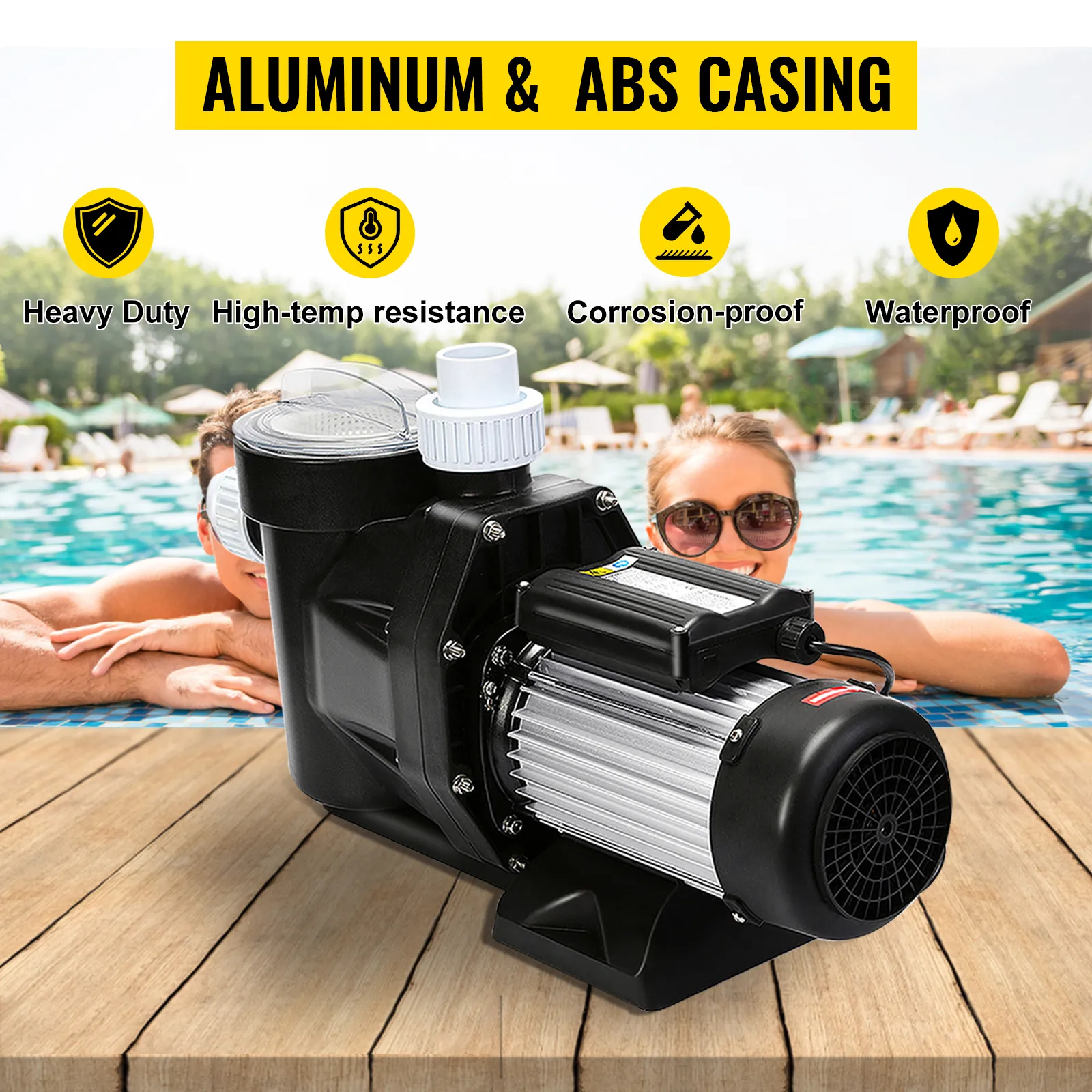 VEVOR pool pump with aluminum and abs casing, featuring heavy-duty, waterproof design.