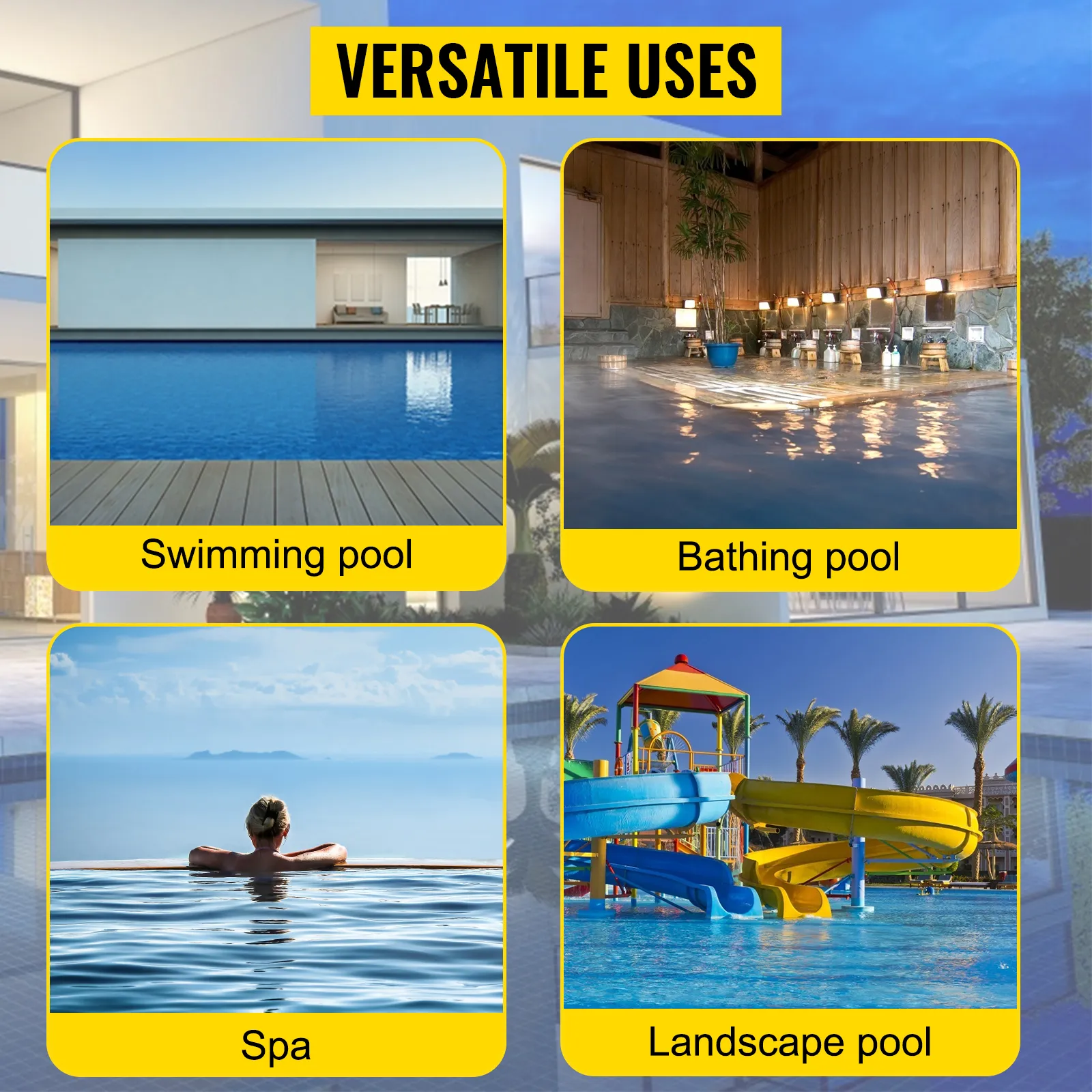 versatile uses: swimming pool, bathing pool, spa, landscape pool. ideal for VEVOR pool pump.