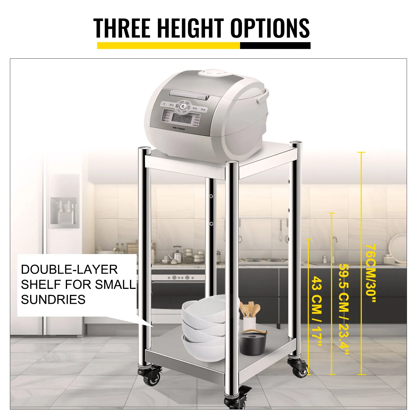 VEVOR rijstwarmerstandaard met verstelbare hoogte en dubbellaags schap voor diverse benodigdheden.