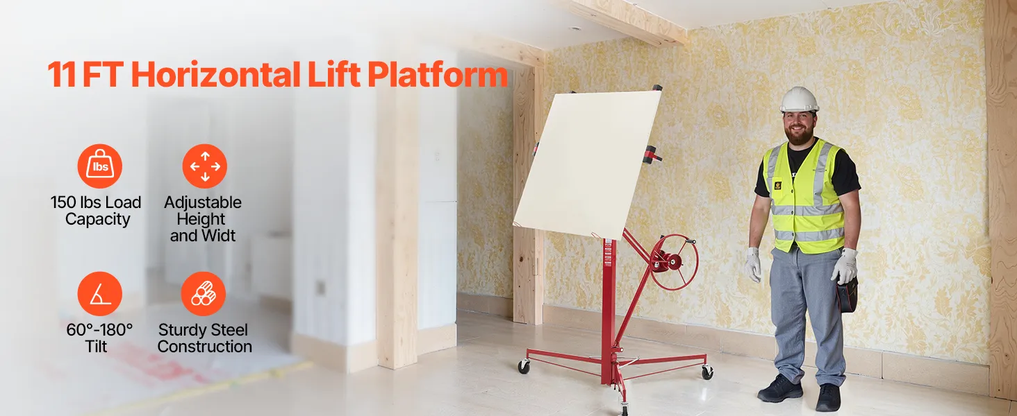 VEVOR 11ft Drywall Lift, Heavy-Duty 150 lbs Sheetrock Hoist with Adjustable Telescoping Arm, Lockable Wheels, Drywall Lifter Panel Jack Hoist Tools Ideal for Ceiling & Wall Installation (Red)