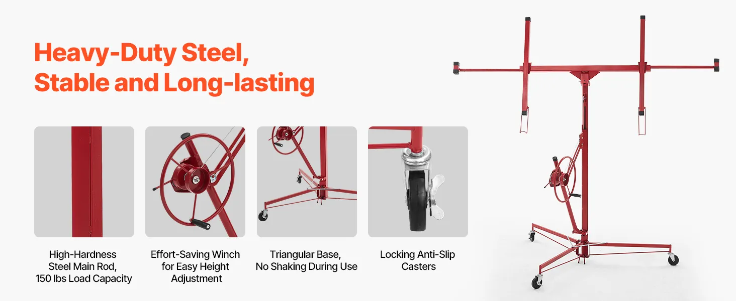 VEVOR 11ft Drywall Lift, Heavy-Duty 150 lbs Sheetrock Hoist with Adjustable Telescoping Arm, Lockable Wheels, Drywall Lifter Panel Jack Hoist Tools Ideal for Ceiling & Wall Installation (Red)