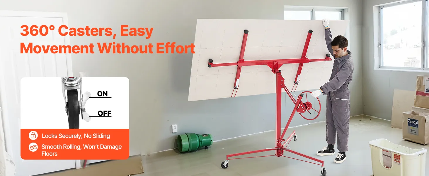 VEVOR 11ft Drywall Lift, Heavy-Duty 150 lbs Sheetrock Hoist with Adjustable Telescoping Arm, Lockable Wheels, Drywall Lifter Panel Jack Hoist Tools Ideal for Ceiling & Wall Installation (Red)