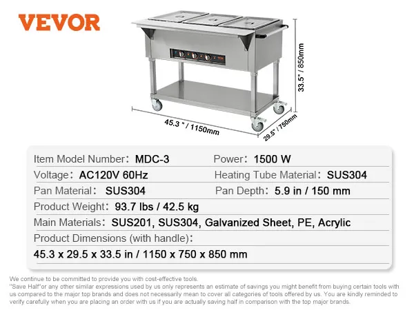 carro de cocina VEVOR, modelo mdc-3, 1500w, con tres compartimentos y ruedas.