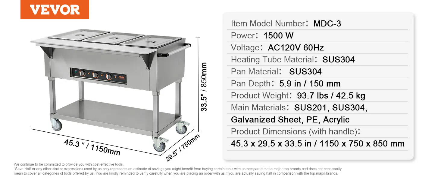 carro de cocina VEVOR, modelo mdc-3, 1500w, con tres compartimentos y ruedas.