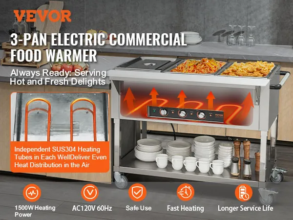 Calentador de alimentos comercial VEVOR con 3 bandejas, potencia de calentamiento de 1500 W y distribución uniforme del calor.