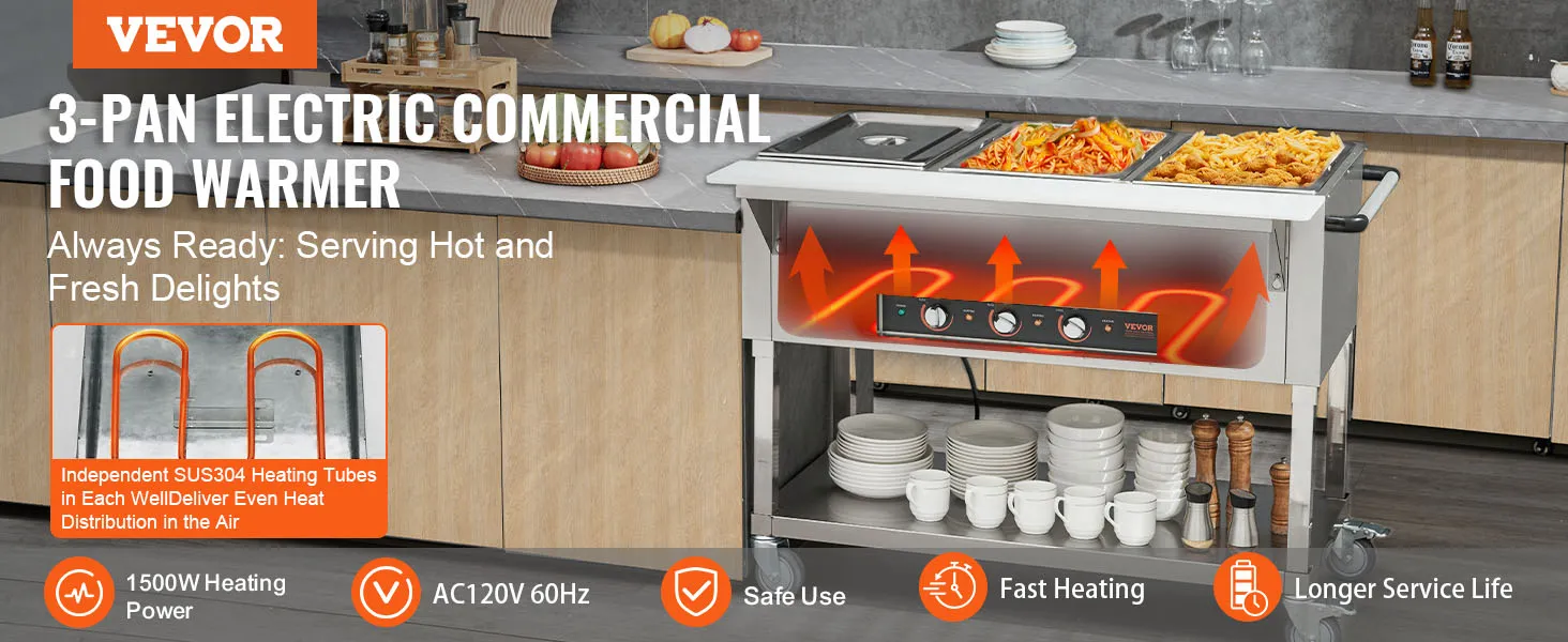 Calentador de alimentos comercial VEVOR con 3 bandejas, potencia de calentamiento de 1500 W y distribución uniforme del calor.