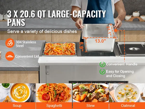 3 cacerolas de gran capacidad de 20,6 qt con tapas y asas prácticas, perfectas para el calentador de alimentos comercial VEVOR.