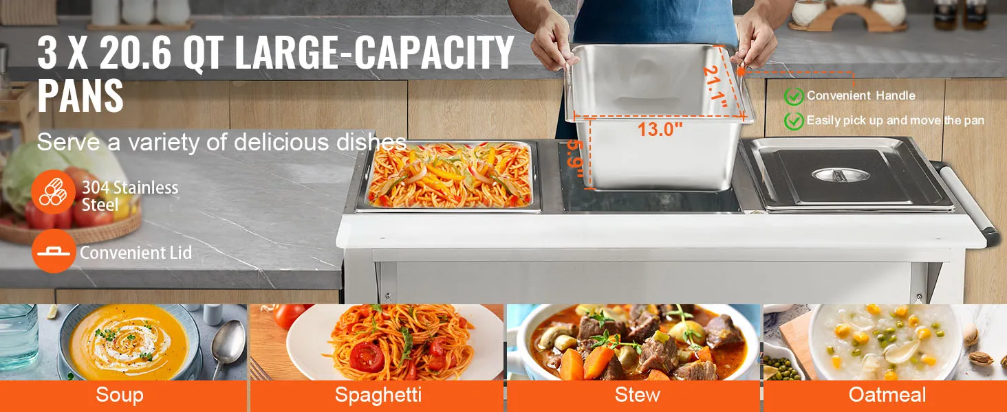 3 cacerolas de gran capacidad de 20,6 qt con tapas y asas prácticas, perfectas para el calentador de alimentos comercial VEVOR.