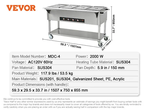 VEVOR commercial food warmer, model mdc-4, 2000w, ac120v, stainless steel pans, 59.3 x 29.5 x 33.7 in.