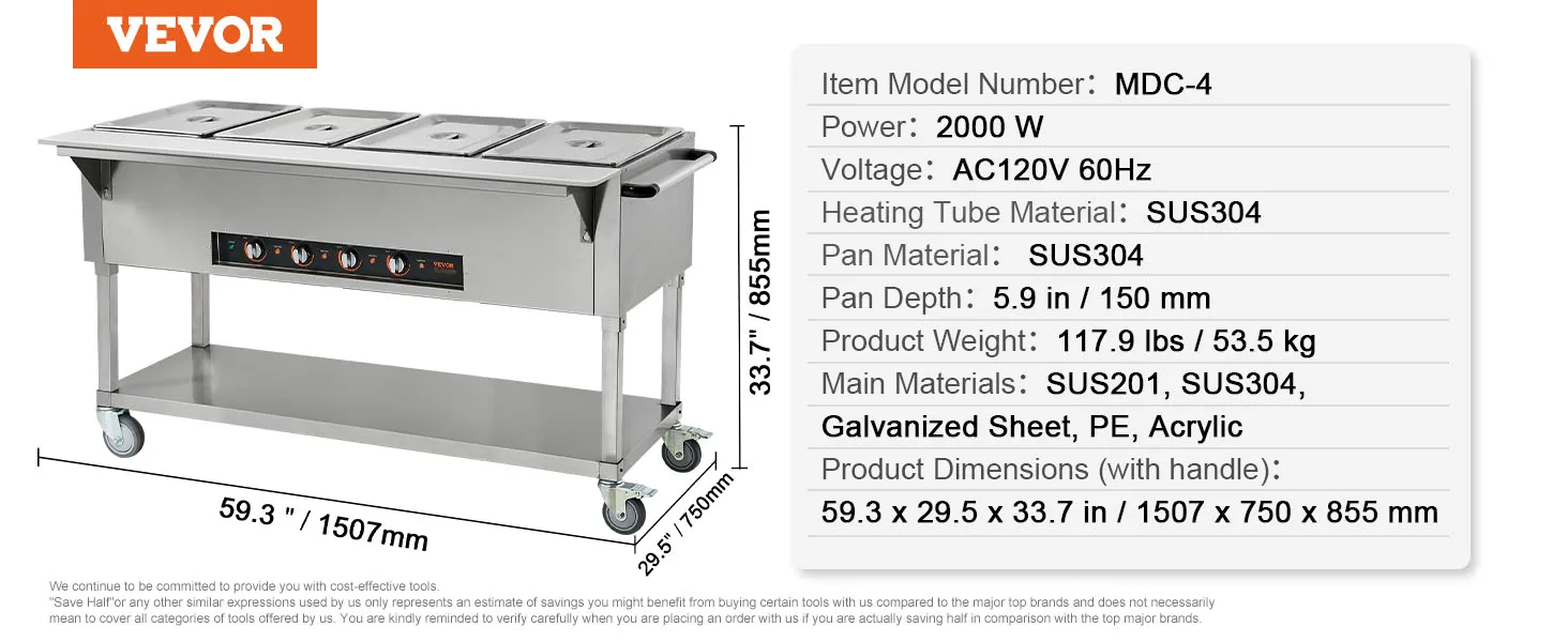 VEVOR commercial food warmer, model mdc-4, 2000w, ac120v, stainless steel pans, 59.3 x 29.5 x 33.7 in.