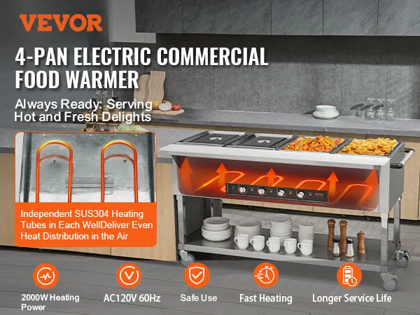 Calentador de alimentos comercial VEVOR con 4 sartenes, calentamiento rápido y distribución uniforme del calor, ideal para cocinas.