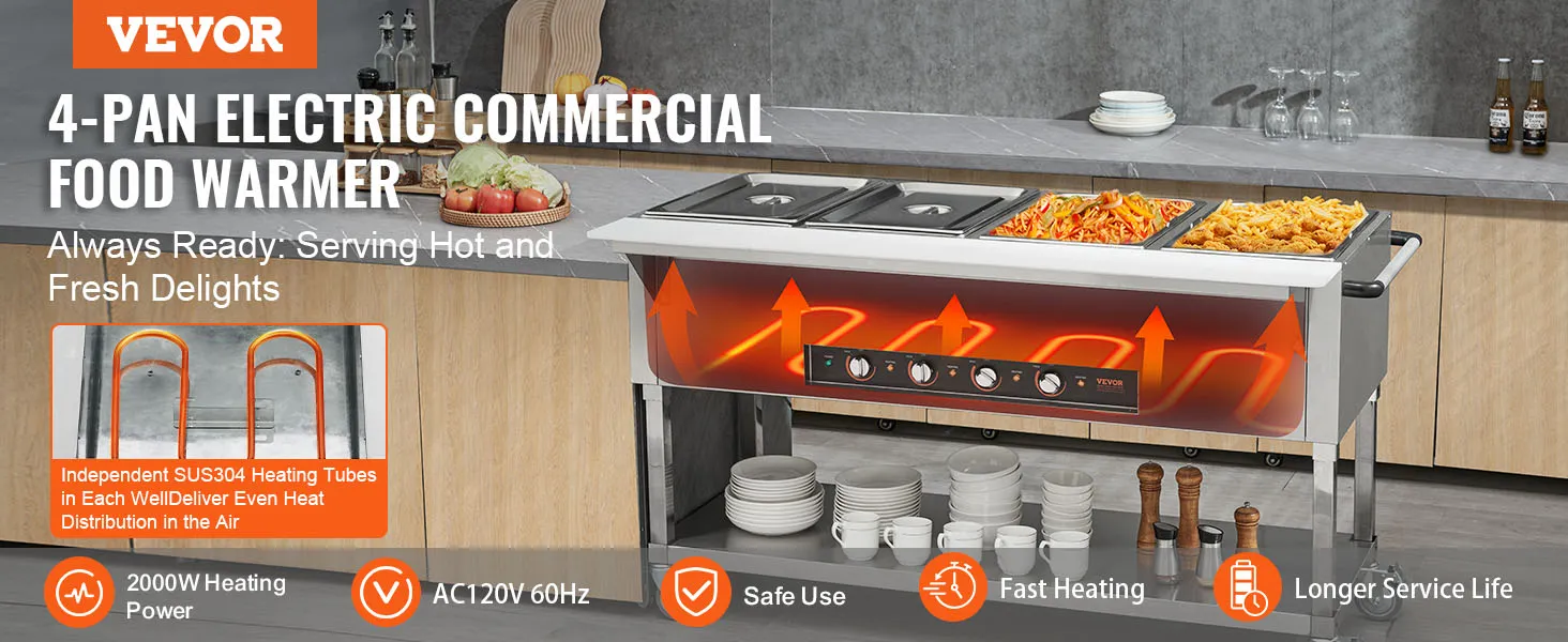 Calentador de alimentos comercial VEVOR con 4 sartenes, calentamiento rápido y distribución uniforme del calor, ideal para cocinas.
