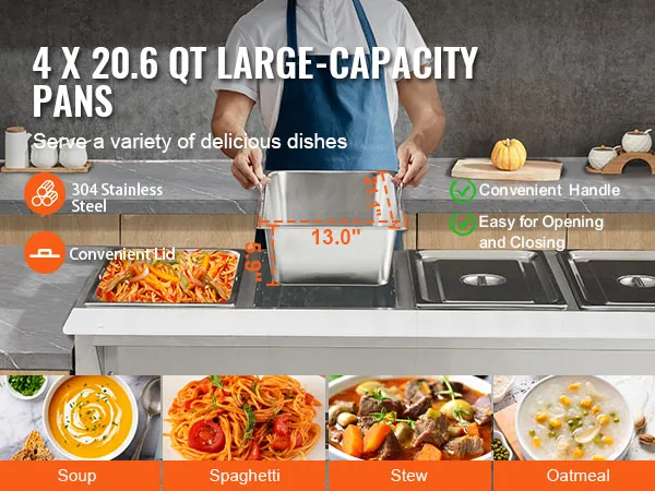 VEVOR commercial food warmer with four 20.6 qt large-capacity pans, ideal for soup, spaghetti, stew, and oatmeal.