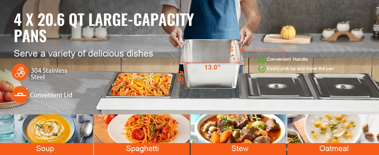 VEVOR commercial food warmer with four 20.6 qt large-capacity pans, ideal for soup, spaghetti, stew, and oatmeal.