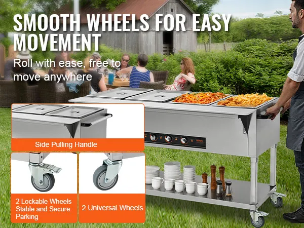 VEVOR commercial food warmer with smooth wheels, side pulling handle, and lockable wheels in an outdoor setting.