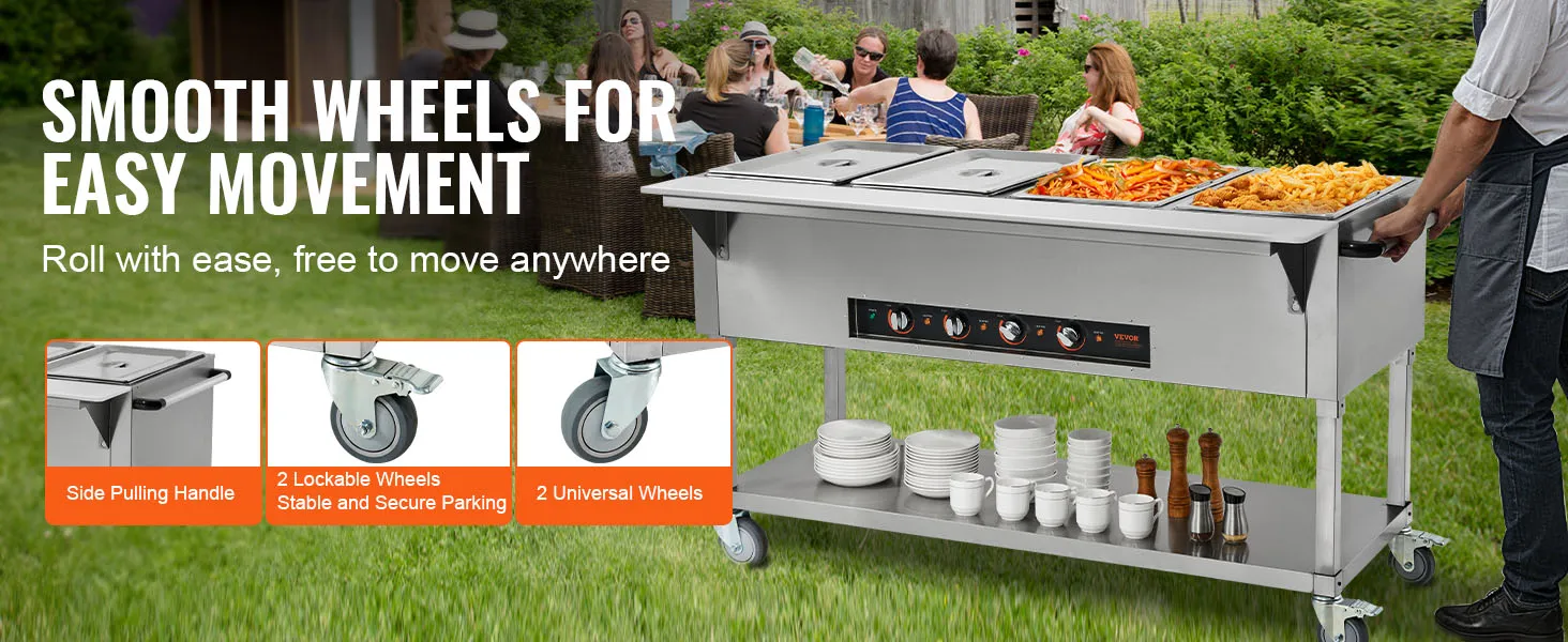 VEVOR commercial food warmer with smooth wheels, side pulling handle, and lockable wheels in an outdoor setting.