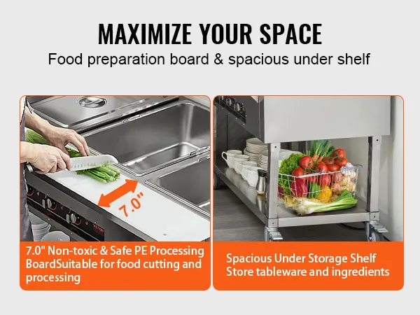 maximize your space with the VEVOR commercial food warmer, pe processing board, and under storage shelf.
