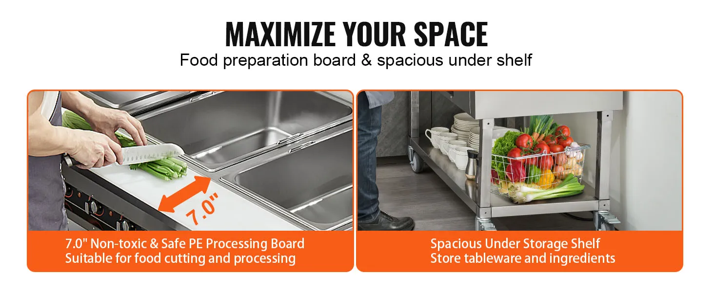 maximize your space with the VEVOR commercial food warmer, pe processing board, and under storage shelf.