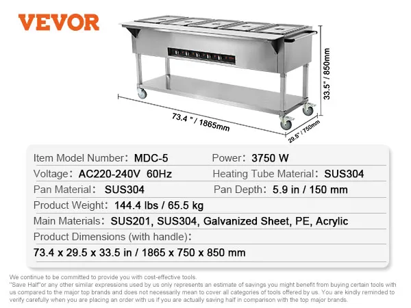 Calentador de alimentos comercial VEVOR modelo mdc-5 con 6 bandejas, 3750w, dimensiones 73,4"x29,5"x33,5".