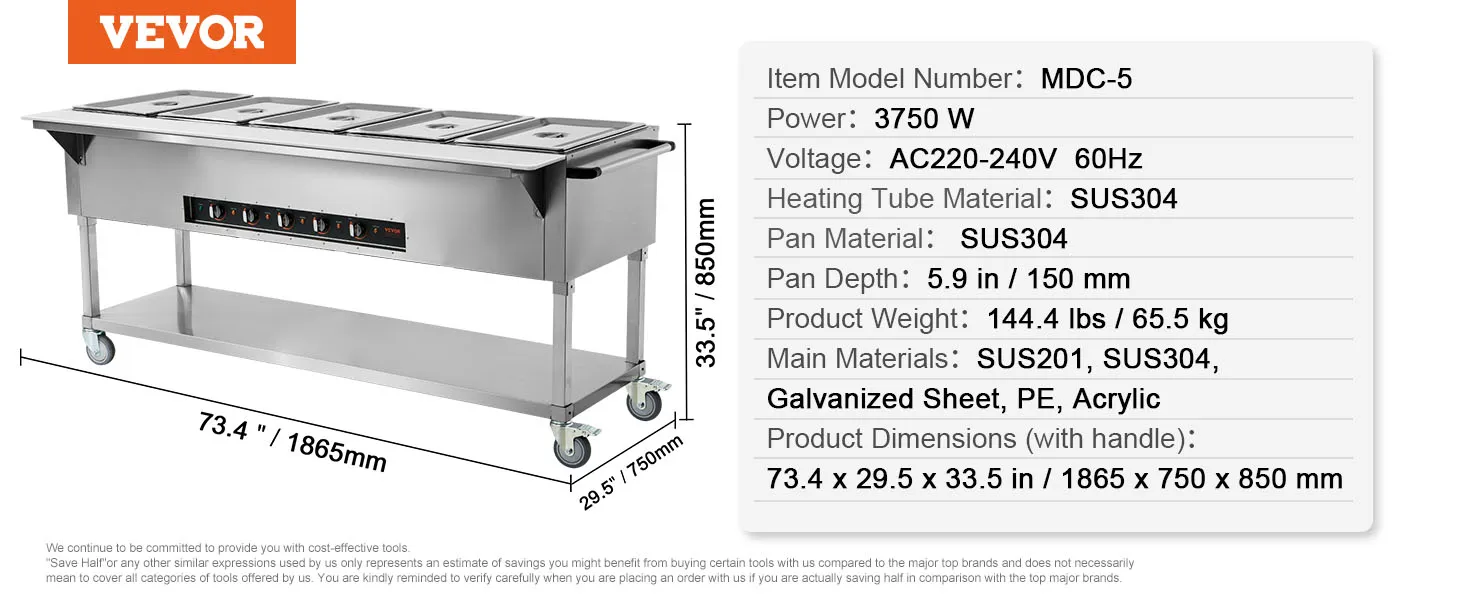Calentador de alimentos comercial VEVOR modelo mdc-5 con 6 bandejas, 3750w, dimensiones 73,4"x29,5"x33,5".