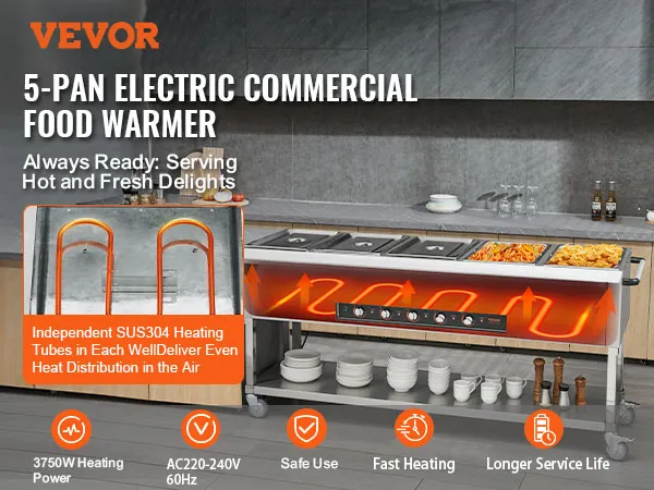 Calentador de alimentos comercial VEVOR con calentamiento eléctrico de 5 bandejas, que sirve comida fresca y caliente en la cocina de un restaurante.