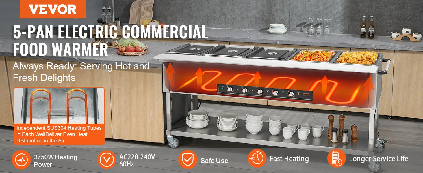 Calentador de alimentos comercial VEVOR con calentamiento eléctrico de 5 bandejas, que sirve comida fresca y caliente en la cocina de un restaurante.