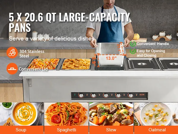 5 sartenes de acero inoxidable de gran capacidad en el calentador de alimentos comercial VEVOR para servir diversos platos.