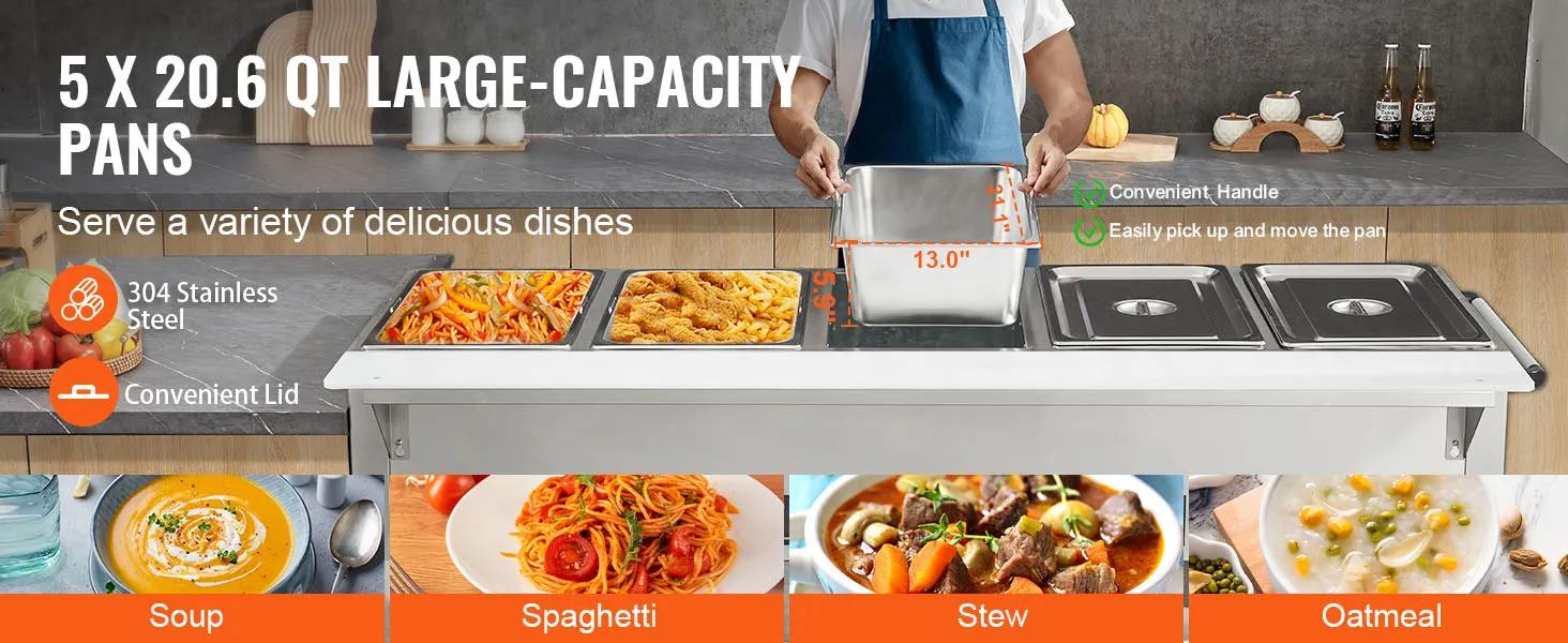 5 sartenes de acero inoxidable de gran capacidad en el calentador de alimentos comercial VEVOR para servir diversos platos.
