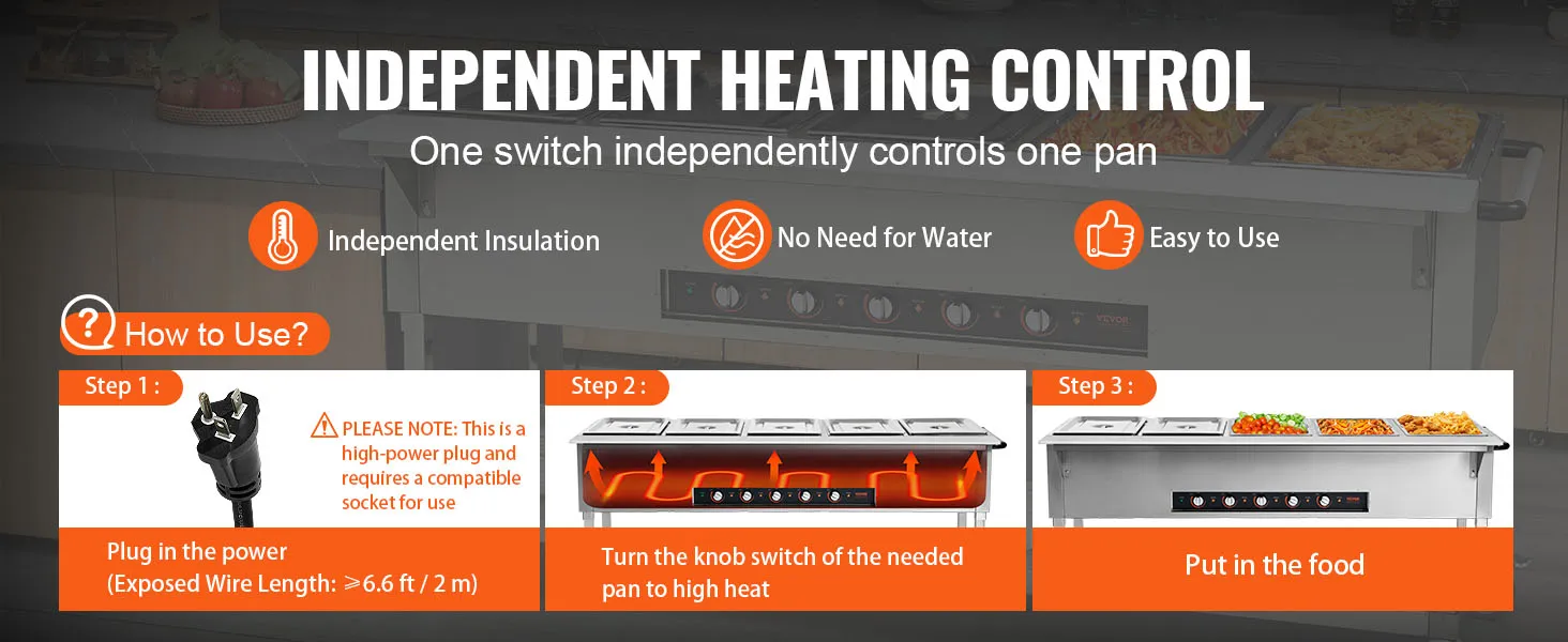 Calentador de alimentos comercial VEVOR con control de calentamiento independiente, fácil de usar y sin necesidad de agua.
