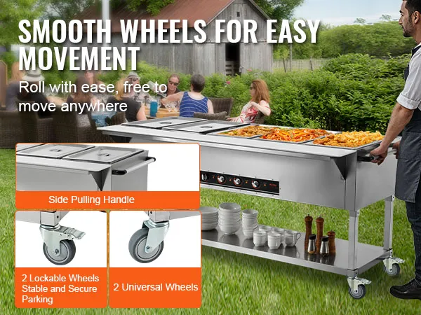 Calentador de alimentos comercial VEVOR con ruedas para facilitar su movimiento, sirviendo comida al aire libre.