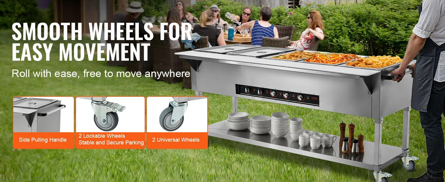 Calentador de alimentos comercial VEVOR con ruedas para facilitar su movimiento, sirviendo comida al aire libre.